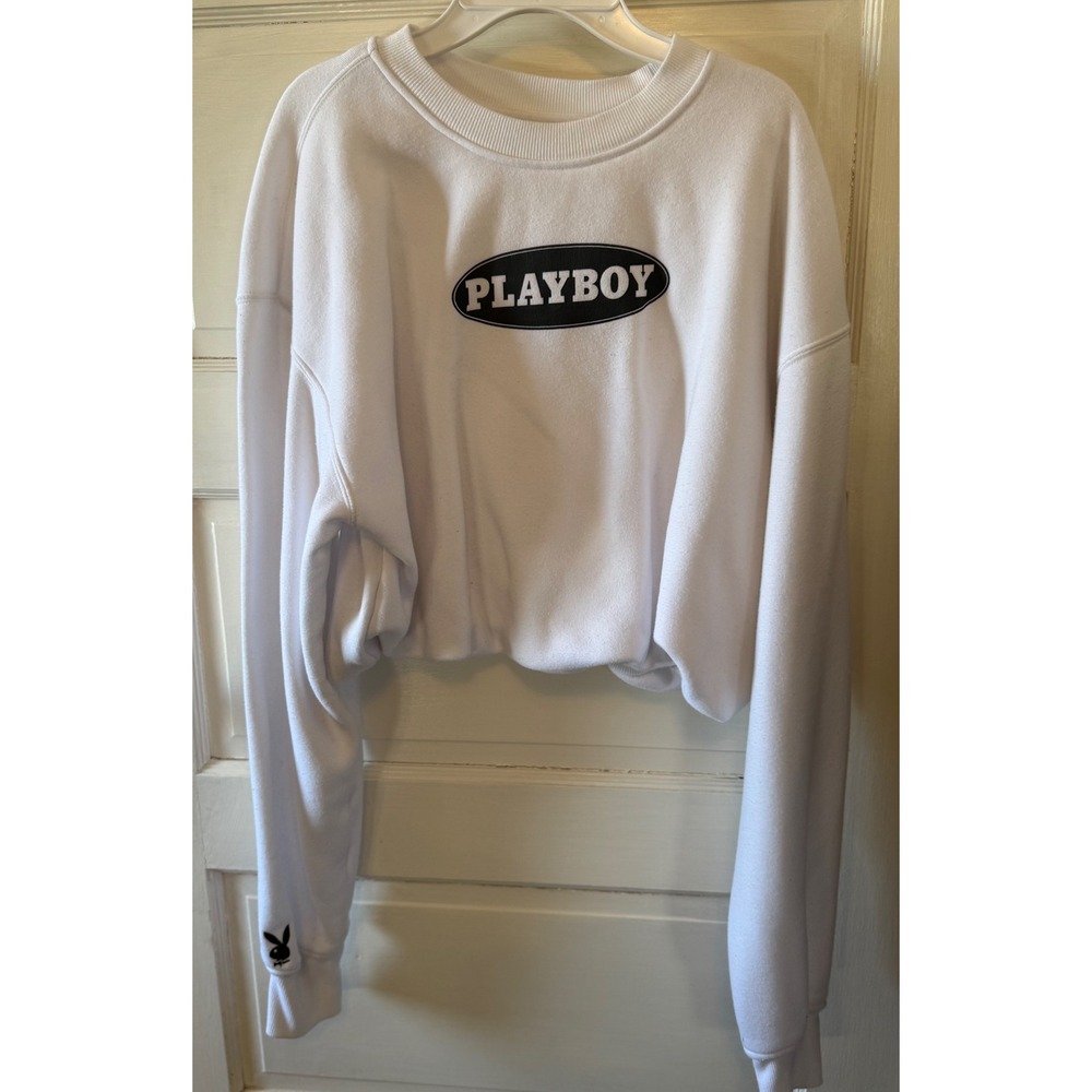 Playboy by‎ PacSun Womens White Cropped Graphic Sweatshirt Large Logo Pullover